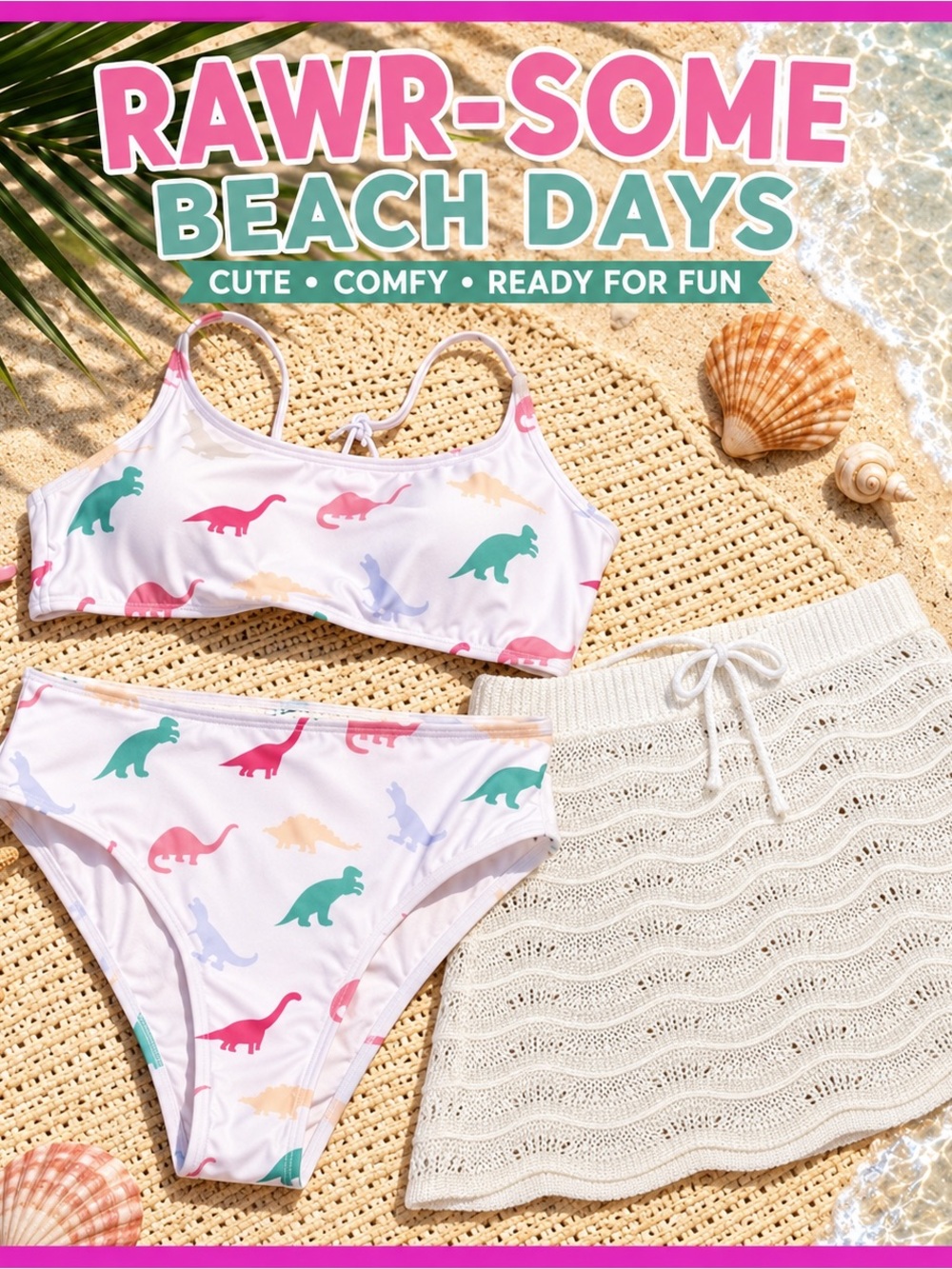 Dinosaur Print Bikini 2 Piece &‎ Crochet Skirt Cover Up White Pastel Swimwear S